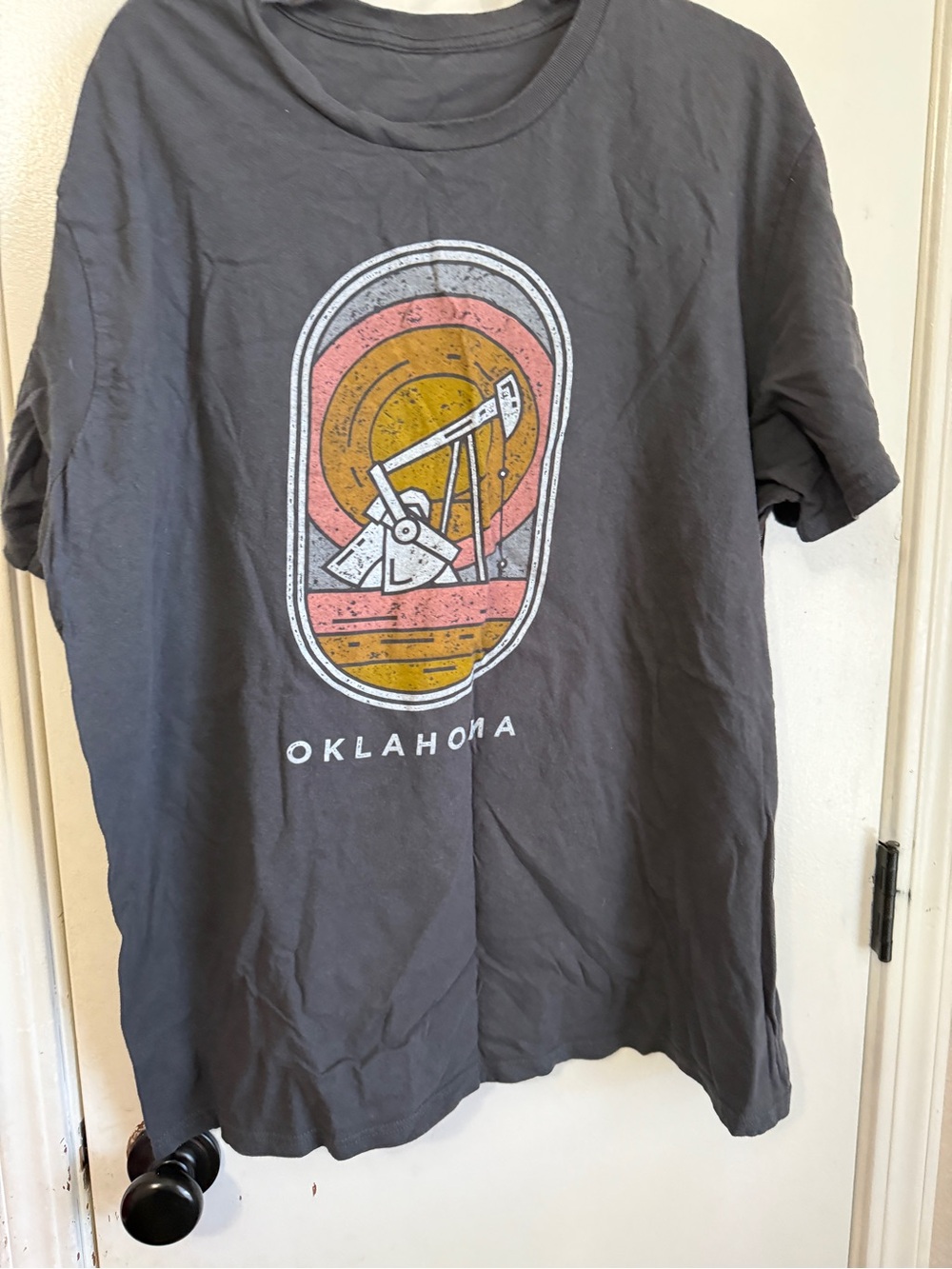 Oklahoma Graphic Short Sleeve T-Shirt - Charcoal with Retro Sunset Print